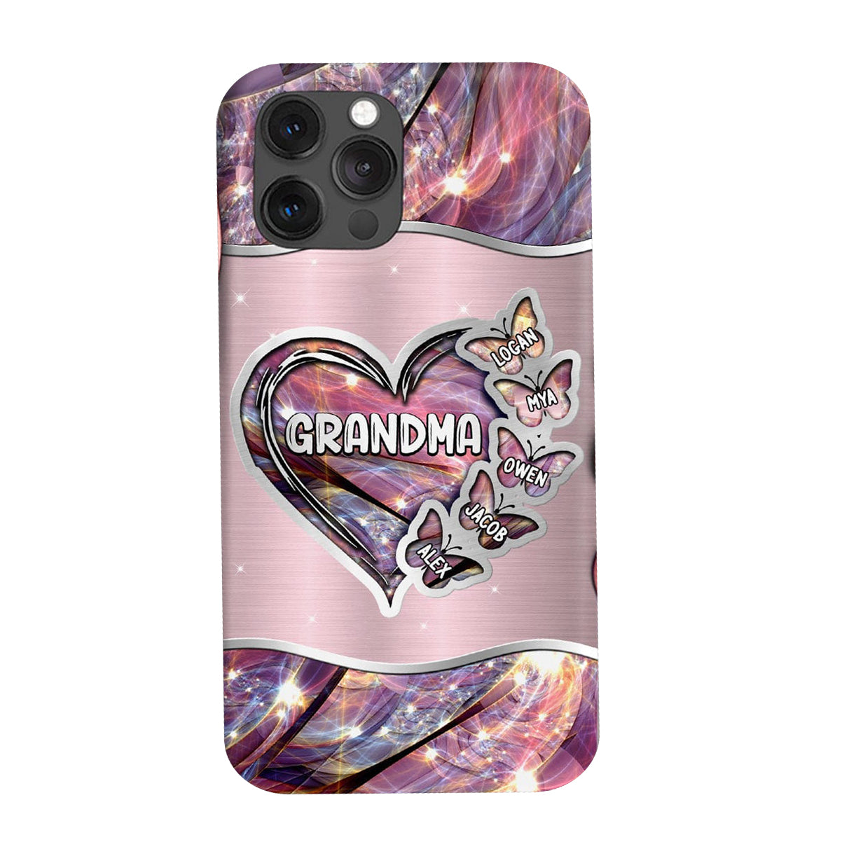 Personalized Phone Case Sparkling Grandma- Mom Heart Butterfly Kids, Multi Colors