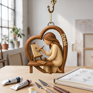 Personalized Acrylic Ornament, Warm Wood Tone Artist Painting in Heart, Unique Creative Gift for Artists