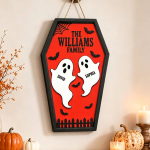 Personalized Ghost Family Coffin Wooden Sign With Names & Color - Halloween Wall Decor Gift