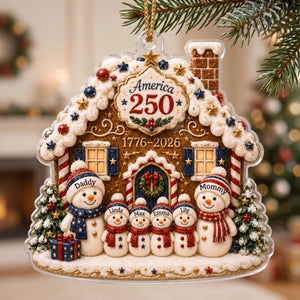 Custom Name 250th Anniversary Christmas Acrylic Ornament - Snowman Family Gingerbread House Decor