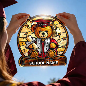 Personalized Stained Glass Style Graduation Bear Acrylic Suncatcher Ornament With Name | Gift For A Proud Grad