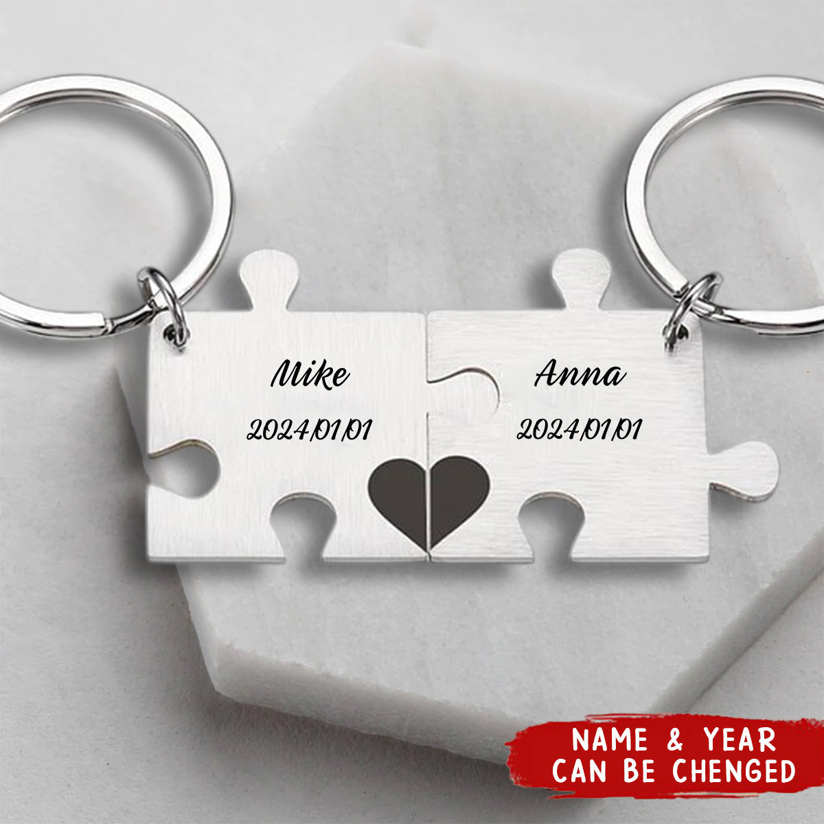 Puzzle Keychain Set Personalized 2 Names & Date Interlocking Keychain For Couple