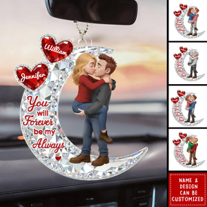 Personalized Diamond-Shine Moon 3D Effect Acrylic Ornament With Names & Kissing Couple - Romantic Anniversary Valentine's Day Gift For Couples