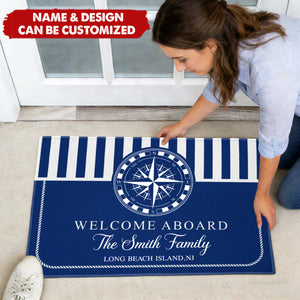Personalized Welcome Aboard Nautical Doormat With Family Name & Anchor Design - Best Father’s Day Retirement Gift For Captains And Dad
