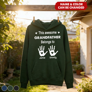 Personalized "This Awesome Grandpa Belongs To" Hoodie With 1-10 kids' Names & Handprints | Cozy Father's Day Gift For Grandpa Dad