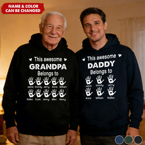 Personalized "This Awesome Grandpa Belongs To" Hoodie With 1-10 kids' Names & Handprints | Cozy Father's Day Gift For Grandpa Dad