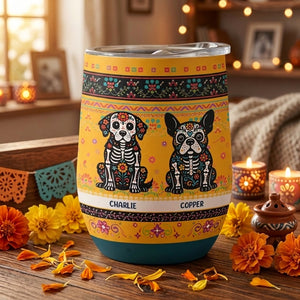 Personalized Name Dia De Los Muertos Eggshell Tumbler With Mexican Floral & Dead Dog Unique Gift for Dog Lovers