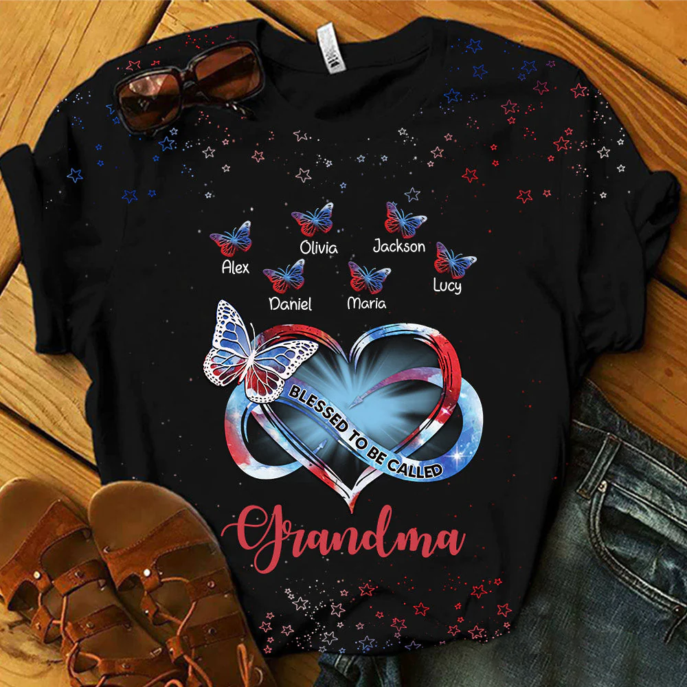 Personalized 3D T-shirt 4th of July Heart Infinity Grandma Mom Butterfly Kids, Blessed To Be Called