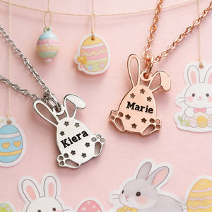 Personalized Cut-out Rabbit Finish Easter Bunny Necklace With Engraved Name & Color - Creative Easter Basket Present For Kids & Teens
