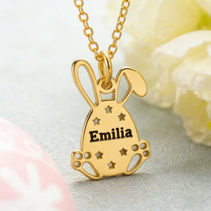 Personalized Cut-out Rabbit Finish Easter Bunny Necklace With Engraved Name & Color - Creative Easter Basket Present For Kids & Teens