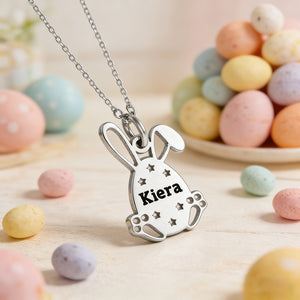 Personalized Cut-out Rabbit Finish Easter Bunny Necklace With Engraved Name & Color - Creative Easter Basket Present For Kids & Teens