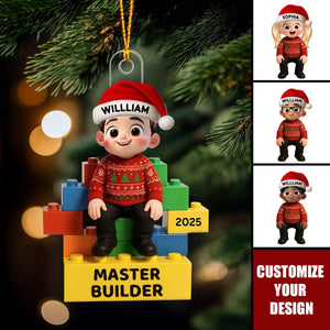 Personalized 3D Effect Little Kid Master Builder Christmas Acrylic Ornament With Name & Year & Icon - Cute Christmas Gift For Family Kids