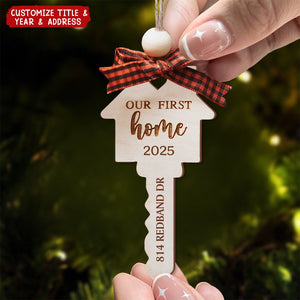 Our First Home Christmas Wooden Engraved Key Ornament - House Warming Gift