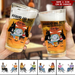 Personalized "Husband And Wife Camping Partners For Life" Beer Glass - Customized Name & Icon | Birthday,Christmas,Anniversary Gift