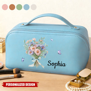 Personalized Waterproof Travel Toiletry Bag With Name & Floral Bouquet & Color | Elegant Birthday Gift For Besties & Wom