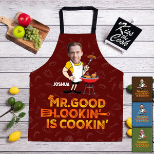 Custom Photo Mr. Good Looking Is Cooking - Family Personalized Custom Apron - Father's Day, Gift For Dad, Grandpa