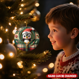 Personalized Cute Zipper Plaid Penguin Ceramic Christmas Ornament With Name & Jacket Design - Funny Christmas Gift For Family Kids