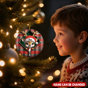 Personalized Funny Plaid Zipper Reindeer Ceramic Ornament With Name & Jacket Design - Playful Xmas Gift For Family Friend