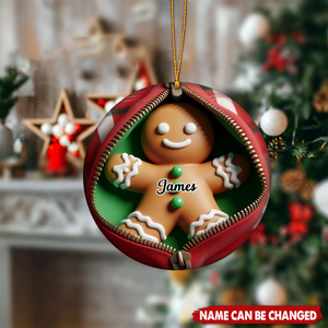 Personalized Funny Zipper Plaid Gingerbread Man Ceramic Ornament With Name & Jacket Design - Adorable Xmas Gift For Family Friend