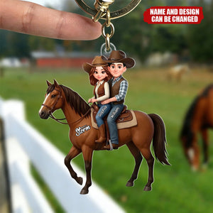 Personalized 3D Effect Western Theme Couple Horse Riding Keyring With Names & Horse Name - Birthday Valentine's Gift For Cowboy Cowgirl