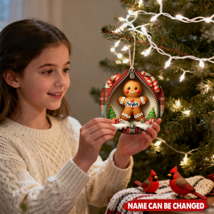 Personalized Funny Zipper Plaid Gingerbread Man Ceramic Ornament With Name & Jacket Design - Adorable Xmas Gift For Family Friend