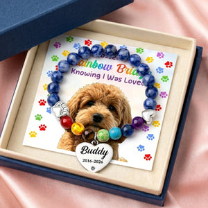 Custom Name & Photo Rainbow Bridge Pet Memorial Bracelet | Dog Cat Loss Sympathy Gift With Card
