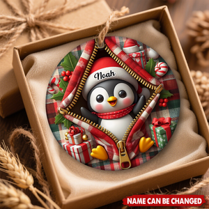 Personalized Cute Zipper Plaid Penguin Ceramic Christmas Ornament With Name & Jacket Design - Funny Christmas Gift For Family Kids