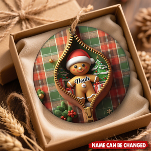 Personalized Funny Zipper Plaid Gingerbread Man Ceramic Ornament With Name & Jacket Design - Adorable Xmas Gift For Family Friend