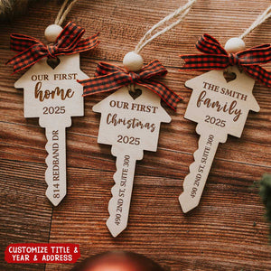 Our First Home Christmas Wooden Engraved Key Ornament - House Warming Gift