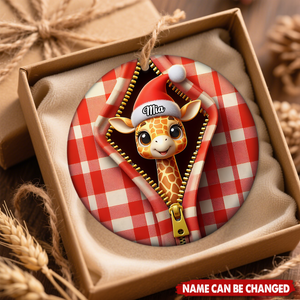 Personalized Funny Plaid Zipper Reindeer Ceramic Ornament With Name & Jacket Design - Playful Xmas Gift For Family Friend