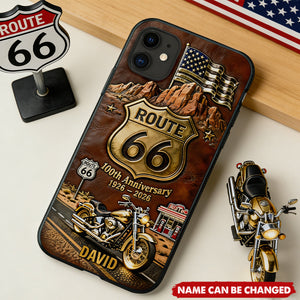 Personalized Route 66 Vintage Motorcycle 100th Anniversary Phone Case With Name - 2026 Biker Centennial Gift For Motorcyclists
