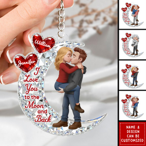Personalized Glittery Moon & Heart Kissing Couple Keychain With Name & Icons - Valentine's Day Gift Relationship Keepsake For Him Her