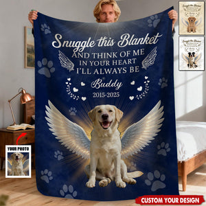 Personalized Angel Dog Memorial Photo Blanket With Pet Name & Year & Photo | "Snuggle This" Quote | Tender Sympathy Gift For Loss of Pet
