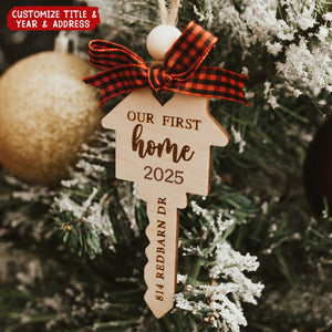 Our First Home Christmas Wooden Engraved Key Ornament - House Warming Gift