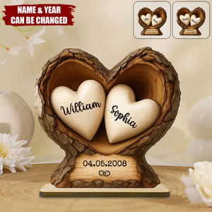 Personalized 3D Effect Tree Hole Double Heart Wooden Plaque With Names & Anniversary Date - Valentine’s Day Gift For Couple