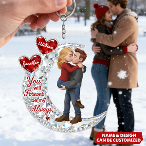 Personalized Glittery Moon & Heart Kissing Couple Keychain With Name & Icons - Valentine's Day Gift Relationship Keepsake For Him Her