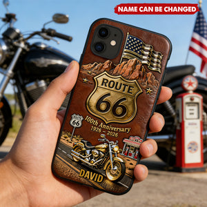 Personalized Route 66 Vintage Motorcycle 100th Anniversary Phone Case With Name - 2026 Biker Centennial Gift For Motorcyclists
