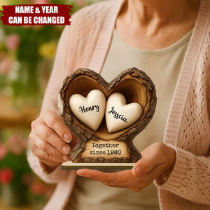 Personalized 3D Effect Tree Hole Double Heart Wooden Plaque With Names & Anniversary Date - Valentine’s Day Gift For Couple