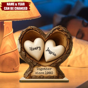 Personalized 3D Effect Tree Hole Double Heart Wooden Plaque With Names & Anniversary Date - Valentine’s Day Gift For Couple