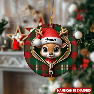Personalized Funny Plaid Zipper Reindeer Ceramic Ornament With Name & Jacket Design - Playful Xmas Gift For Family Friend