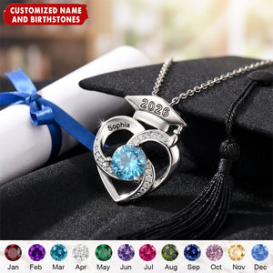 Personalized Graduation Cap Heart Necklace With Birthstone & Name | Graduation Gift For Graduates Family Friends