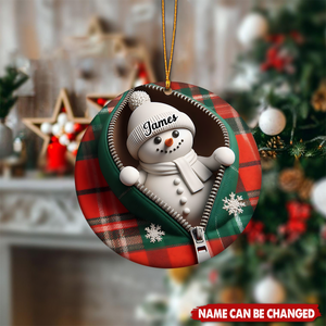 Personalized Funny Zipper Plaid Snowman Ceramic Ornament With Name & Jacket Design - Cute Xmas Decor For Family Friend