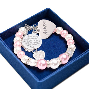 Personalized Glass Pearl Bracelet - Adjustable Beaded Chain with Crystal Charm Gift for Granddaughter