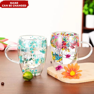 Dried Flowers Double Wall Glass Personalized Coffee Mugs