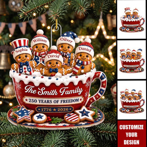 Personalized USA 250th Anniversary Gingerbread Family Cup Acrylic Ornament | Christmas Gifts For Family