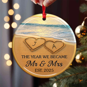 "Mr & Mrs" Personalized Christmas Ornament -Custom Name Ceramic | Beach Anniversary & Wedding Gift For Newlyweds & Couple