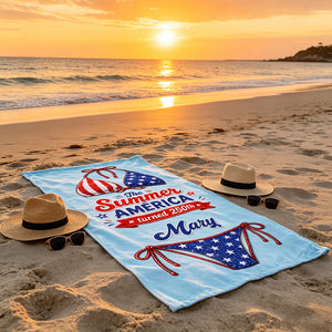 Personalized America 250th Beach Towel With Cherry Stars Stripes Bikini - Independence Gift For Her