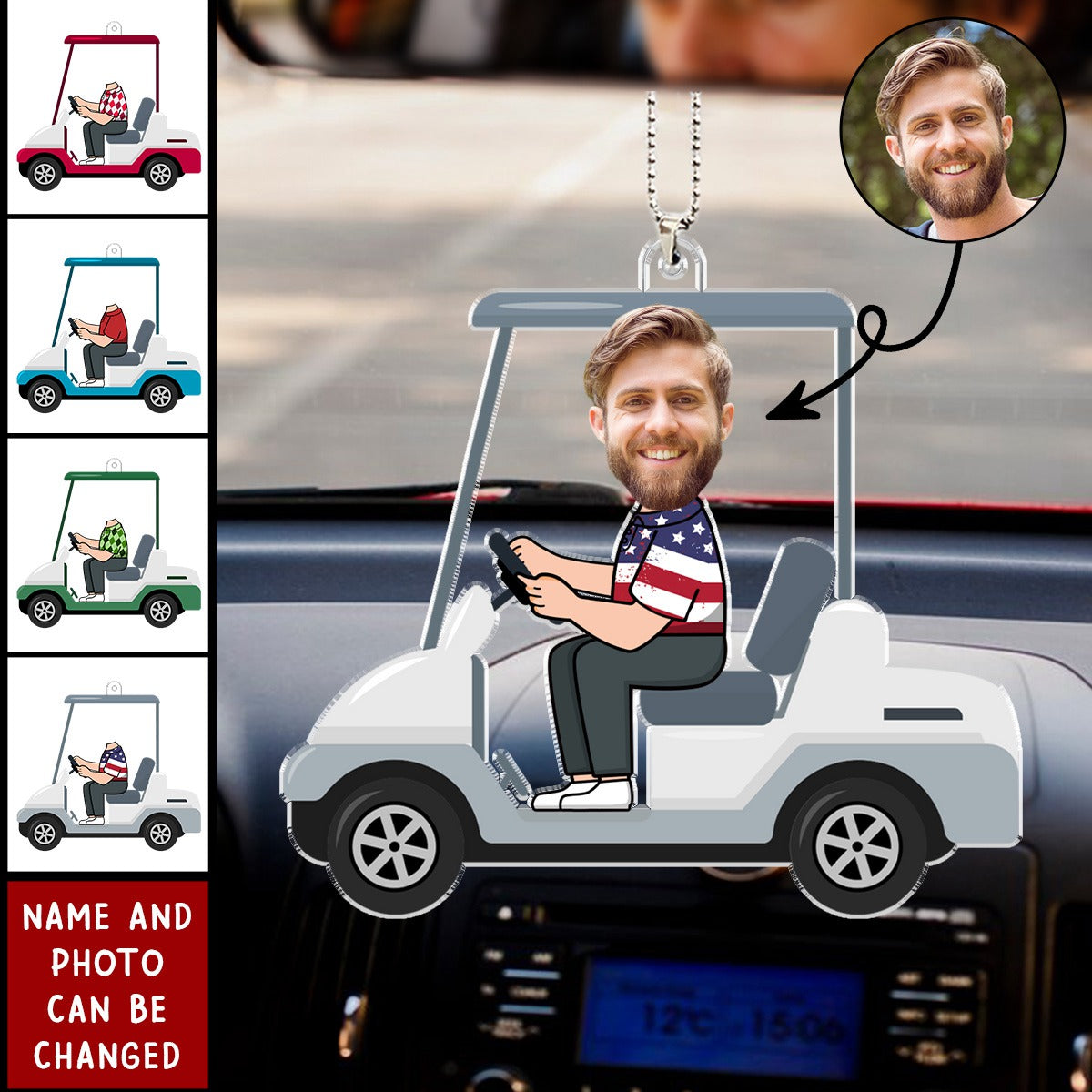 Custom Photo Golf Cart - Gift For Dad, Father, Grandpa, Golfer, Golf Lover - Personalized Car Ornament