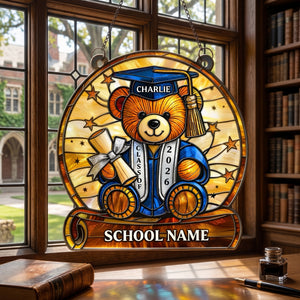 Personalized Stained Glass Style Graduation Bear Acrylic Suncatcher Ornament With Name | Gift For A Proud Grad