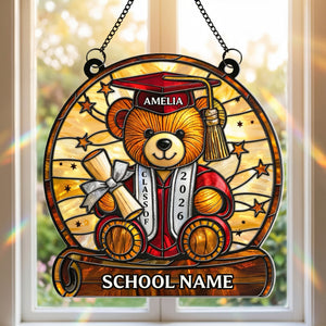 Personalized Stained Glass Style Graduation Bear Acrylic Suncatcher Ornament With Name | Gift For A Proud Grad